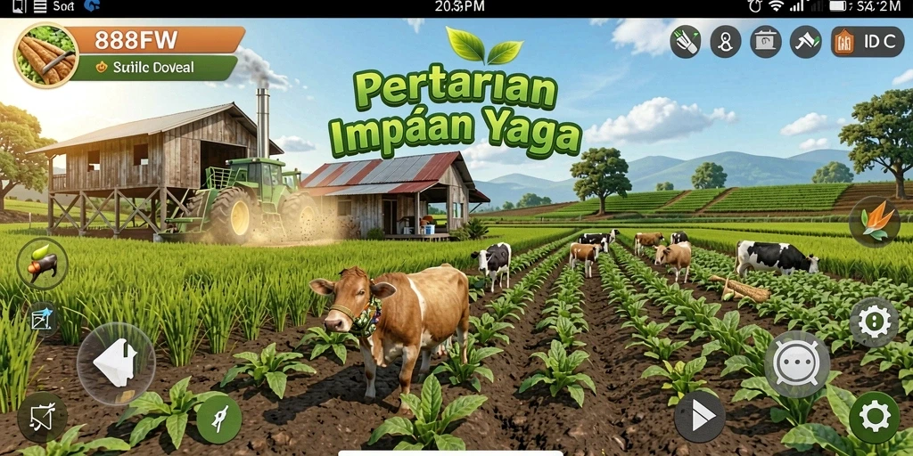 Tampilan gameplay <strong>888FW</strong> dengan lahan pertanian yang indah dan tanaman yang subur.