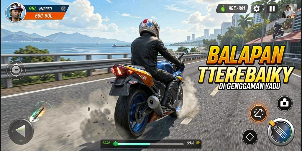 Gameplay 9SL yang seru dan mendebarkan saat balapan motor.