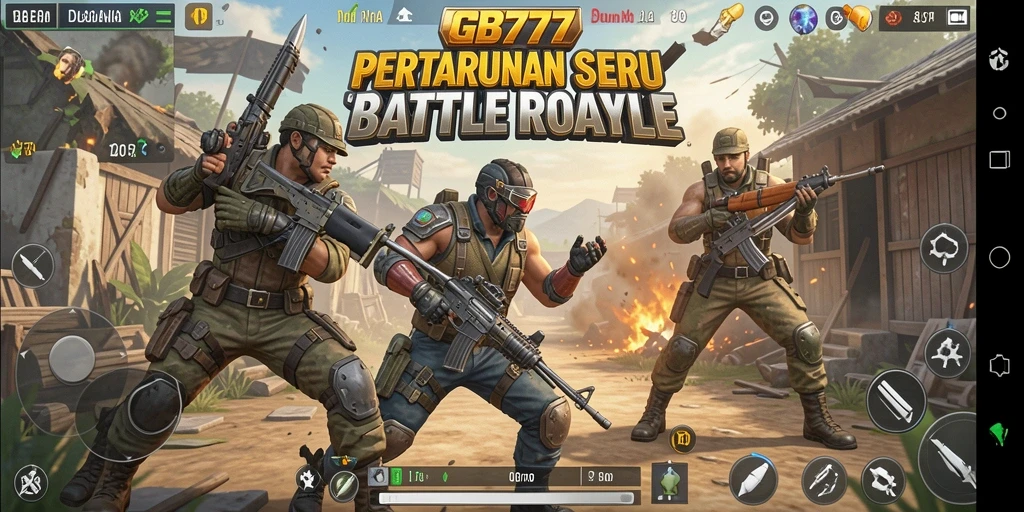 Tampilan utama gameplay GB777 yang penuh aksi dalam pertarungan Battle Royale.