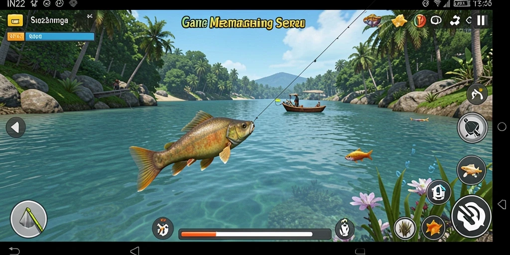 Screenshot utama IN22 menampilkan aksi memancing yang seru di laut.