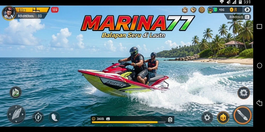 Tampilan gameplay MARINA77 dengan kapal balap melawan ombak.