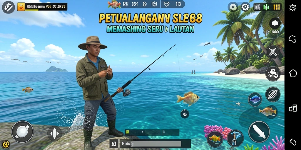 Screenshot gameplay RI188 dengan berbagai jenis ikan dan lokasi memancing.