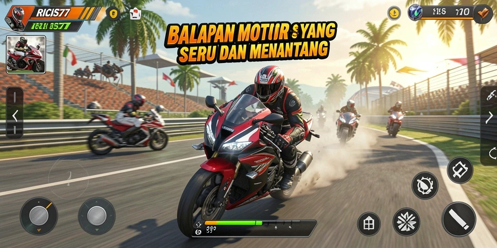 Tampilan gameplay RICIS77 dengan motor balapan yang menegangkan di trek yang menantang.